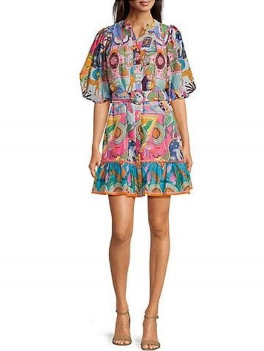J.Marie Sloane Printed Button Up Puff Sleeve Belted Mini Dress
